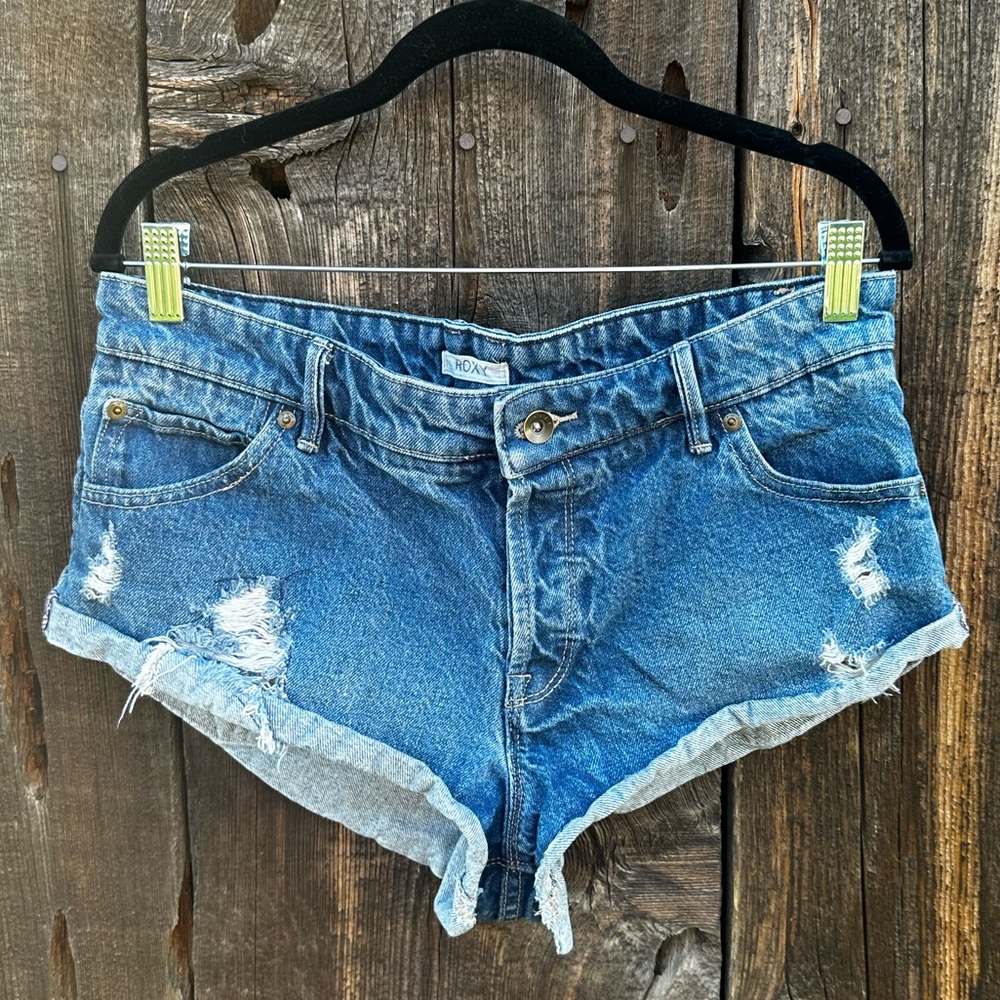 Roxy High Rise Button Fly Blue Denim Distressed Rolled Jean Shorts